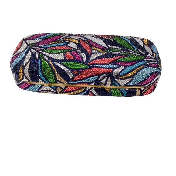 JUDITH LEIBER MULTICOLORED CRYSTAL EMBELLISHED LEAF DESIGN EVENING CLUTCH BAG - Picture 4 of 8